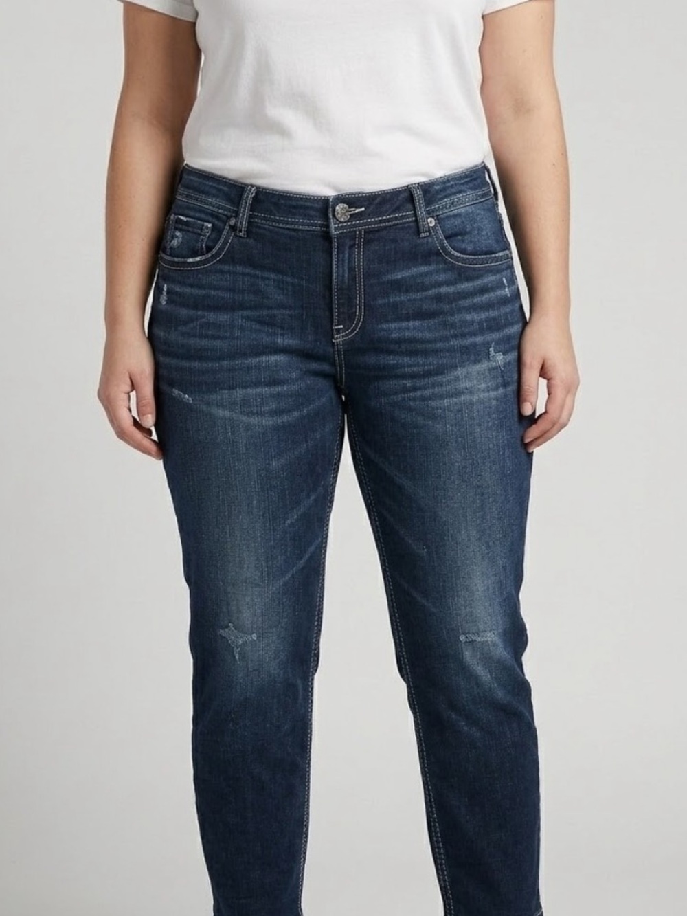 Silver Jeans Boyfriend Fluid Denim Jeans Distressed Stretch Dark 32 x 29/31.5